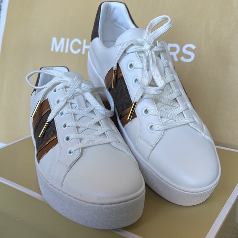 Michael Kors Poppy Stripe Lace Up Nappa Faux Leather WMNS Optic White/Brown - Picture 4 of 16